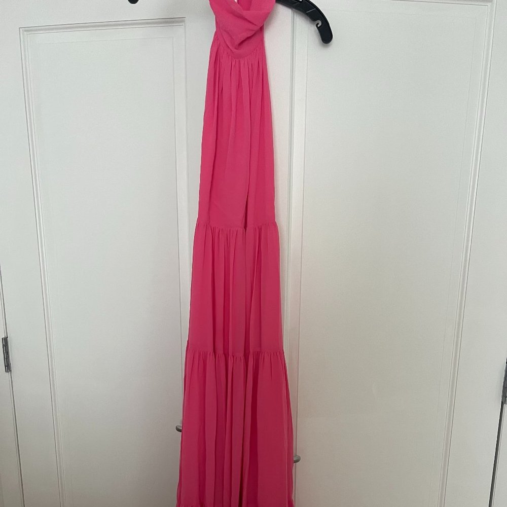 One33 Social Tiered Georgette Maxi Halter Dress in Bubble Gum Pink